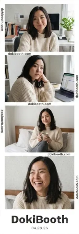 Vintage style online photobooth strip with grainy film effect and minimalist branding